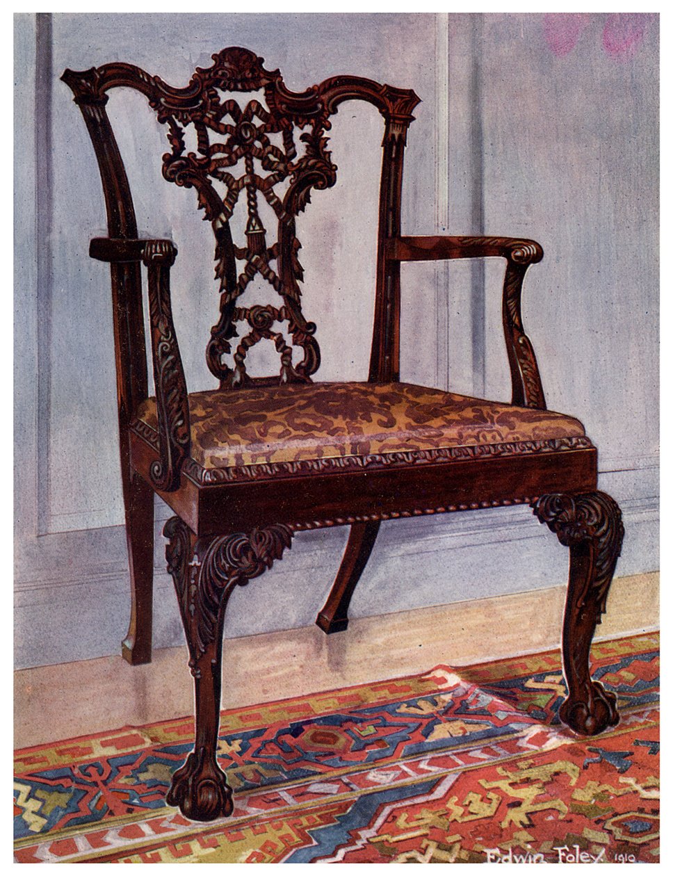 महोगनी आर्मचेयर, चिप्पेंडेल की शैली, 1911-1912। द्वारा एडविन फोली