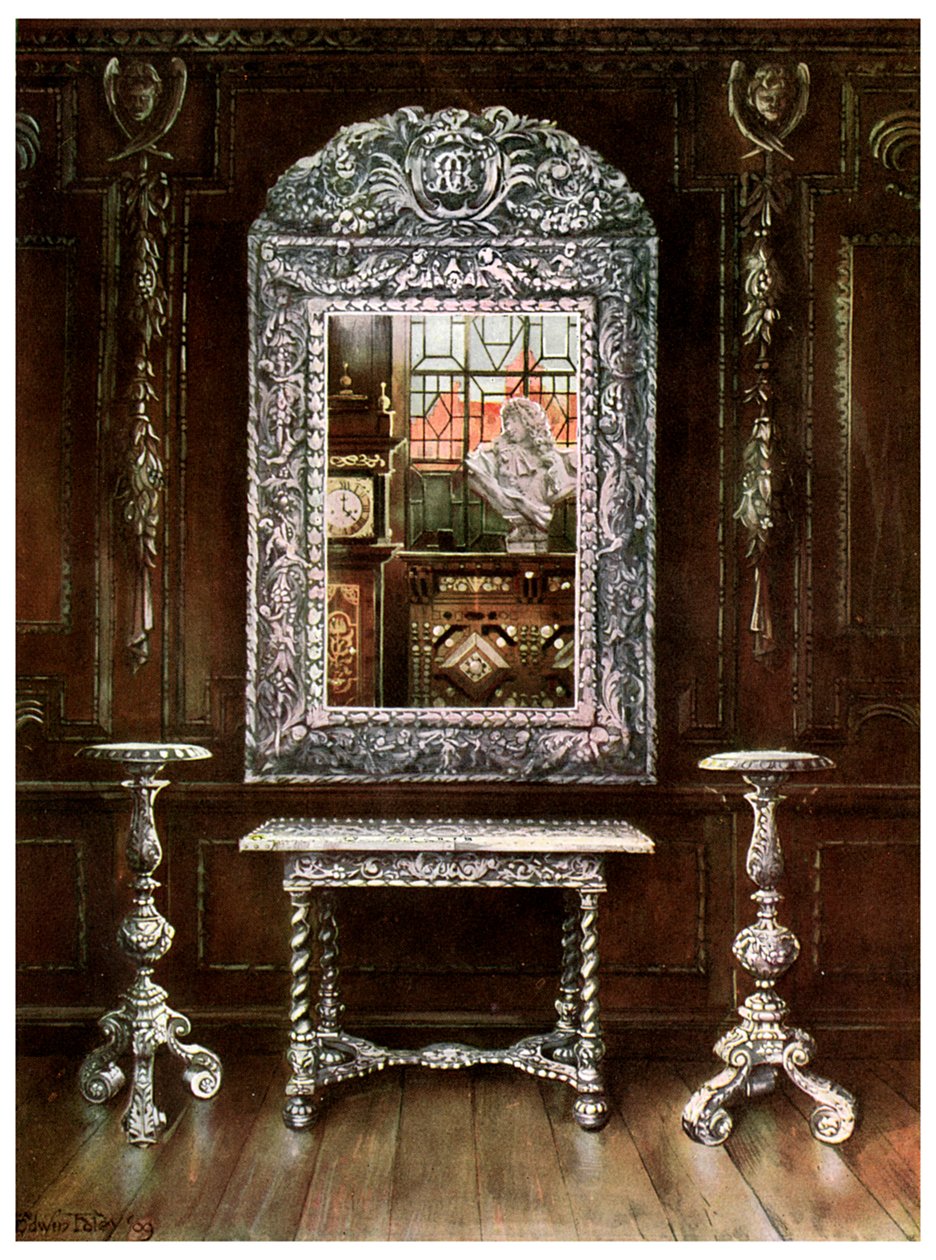 मिरर, गाइरिडॉन्स, और सिल्वर सजीले टुकड़े के साथ टेबल ओवरले, 1910। द्वारा एडविन फोली
