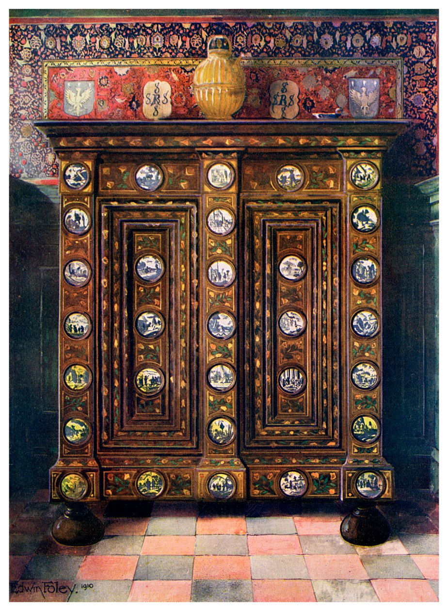 अखरोट कास जड़ा हुआ और डेल्फ़्ट वेयर के चित्रित चित्रों के साथ, 1910। द्वारा एडविन फोली