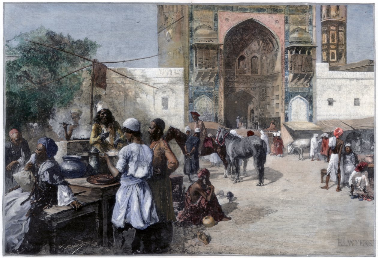 1880 में लाहौर, भारत में एक ओपन-एयर रेस्तरां। द्वारा एडविन लॉर्ड वीक्स
