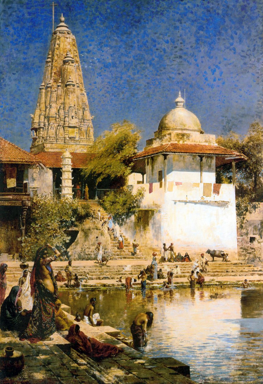 1890 के दशक में बंबई में बाणगंगा टैंक और वॉकेश्वर मंदिर। द्वारा एडविन लॉर्ड वीक्स