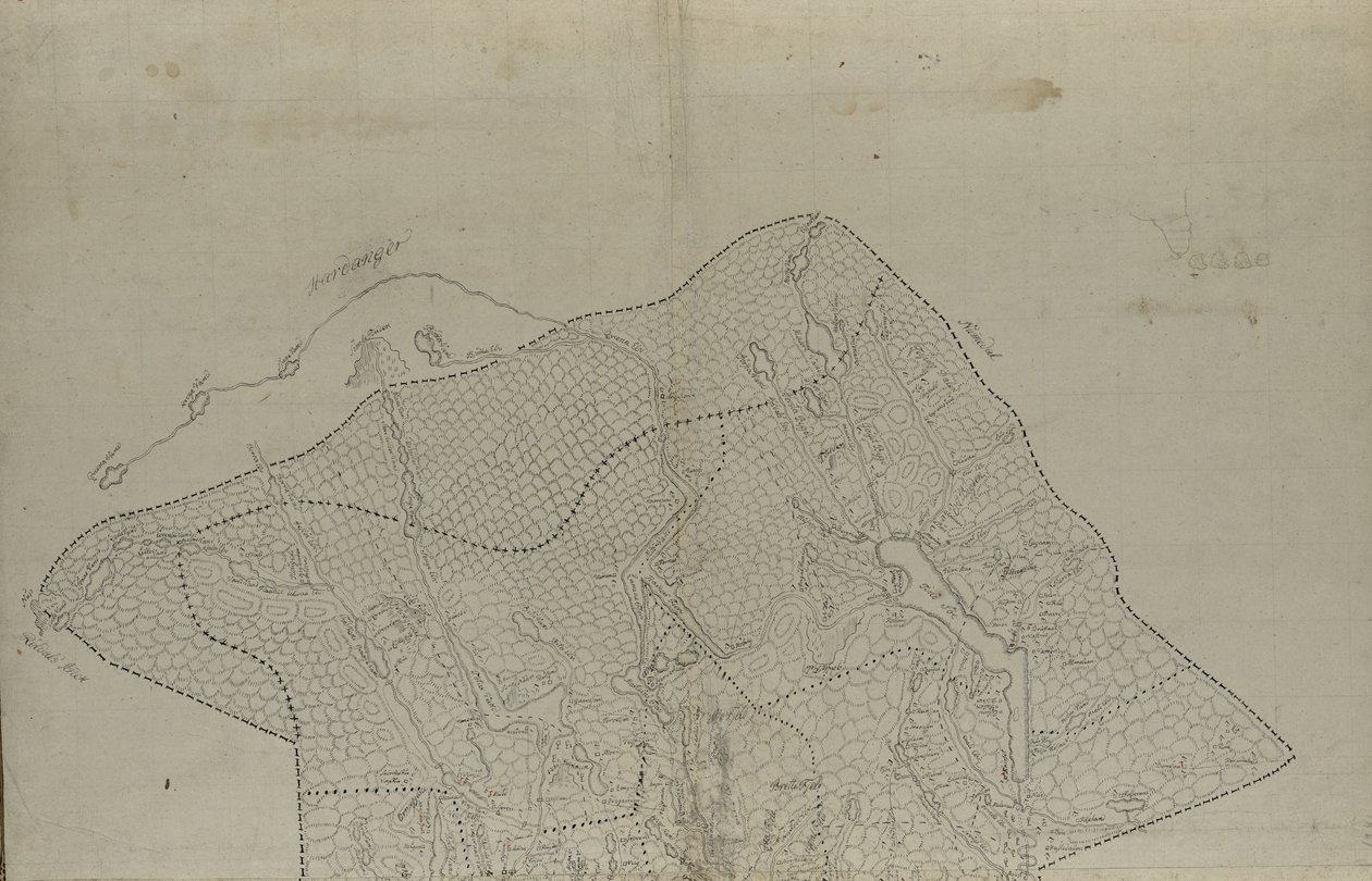 नक्शा हाथ की ड्राइंग (लगभग 1780) में प्रकाशित होता है और टेलीमार्क दिखाता है द्वारा ईनवोल्ड स्टीनब्लोच