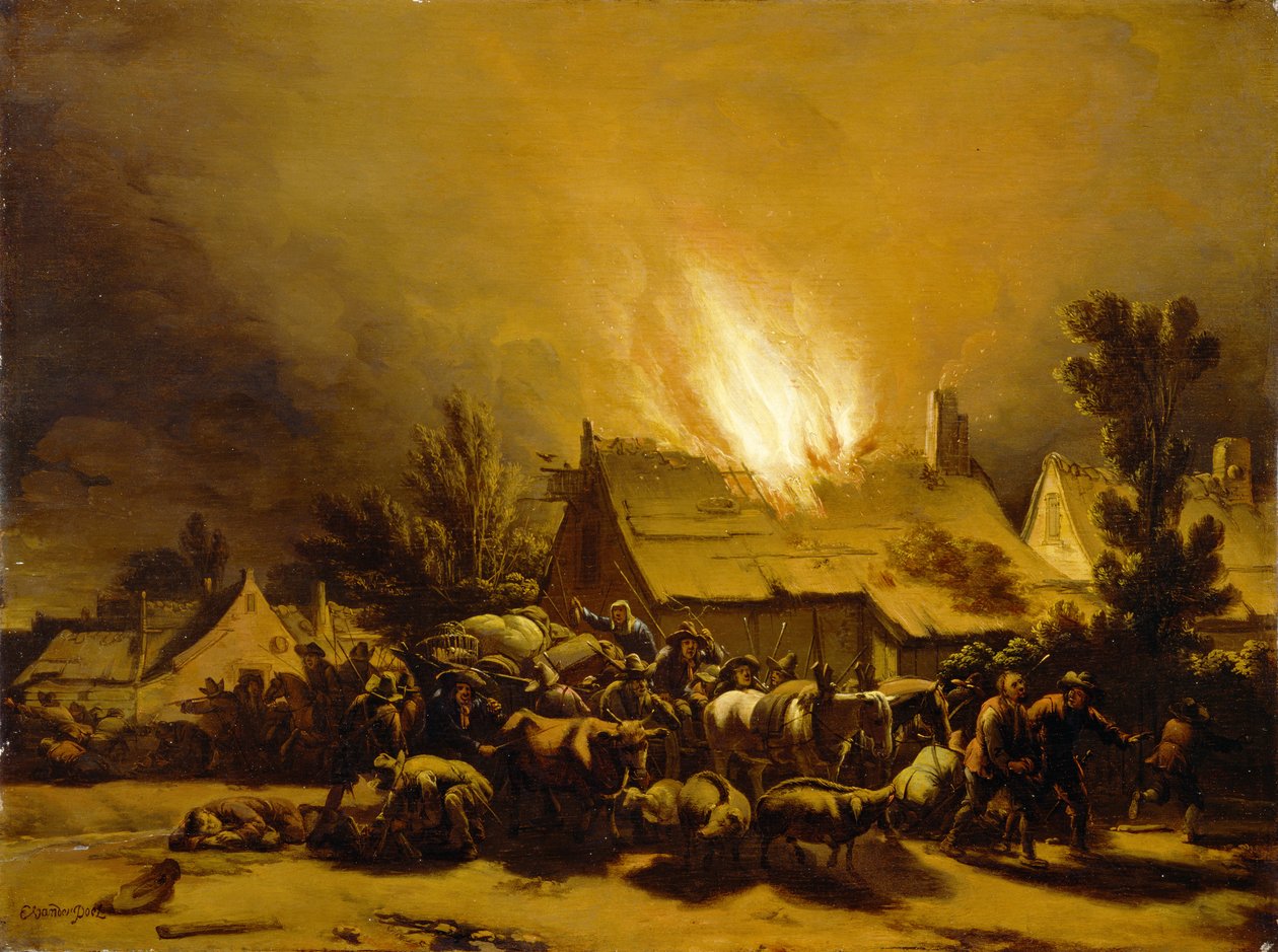 किसानों को एक जलती हुई खलिहान में उड़ाना, c.1655 (ओक पैनल पर तेल) द्वारा एगबर्ट वैन डेर पोएल