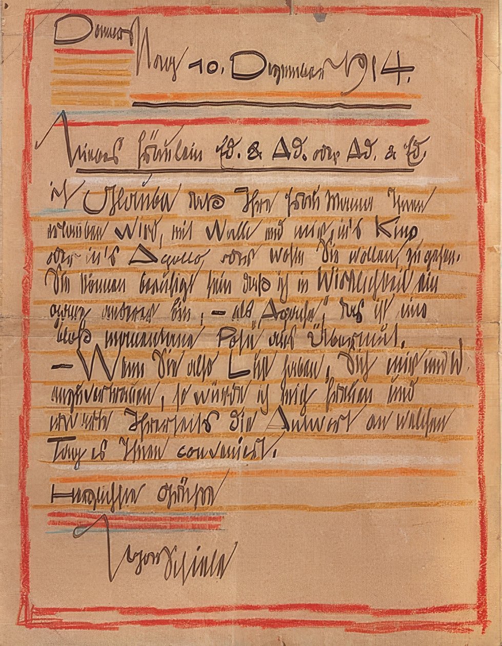 10 दिसंबर, 1914 को एगॉन शीले से बहनों एडिथ और एडेल हार्म्स को कलात्मक रूप से तैयार किया गया पत्र द्वारा इगोन शीले