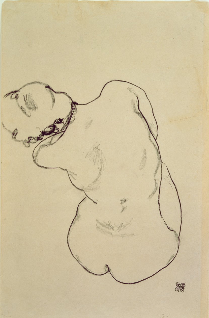 Reclining Nude - बैक व्यू, 1918 (कागज पर काला क्रेयॉन) द्वारा इगोन शीले