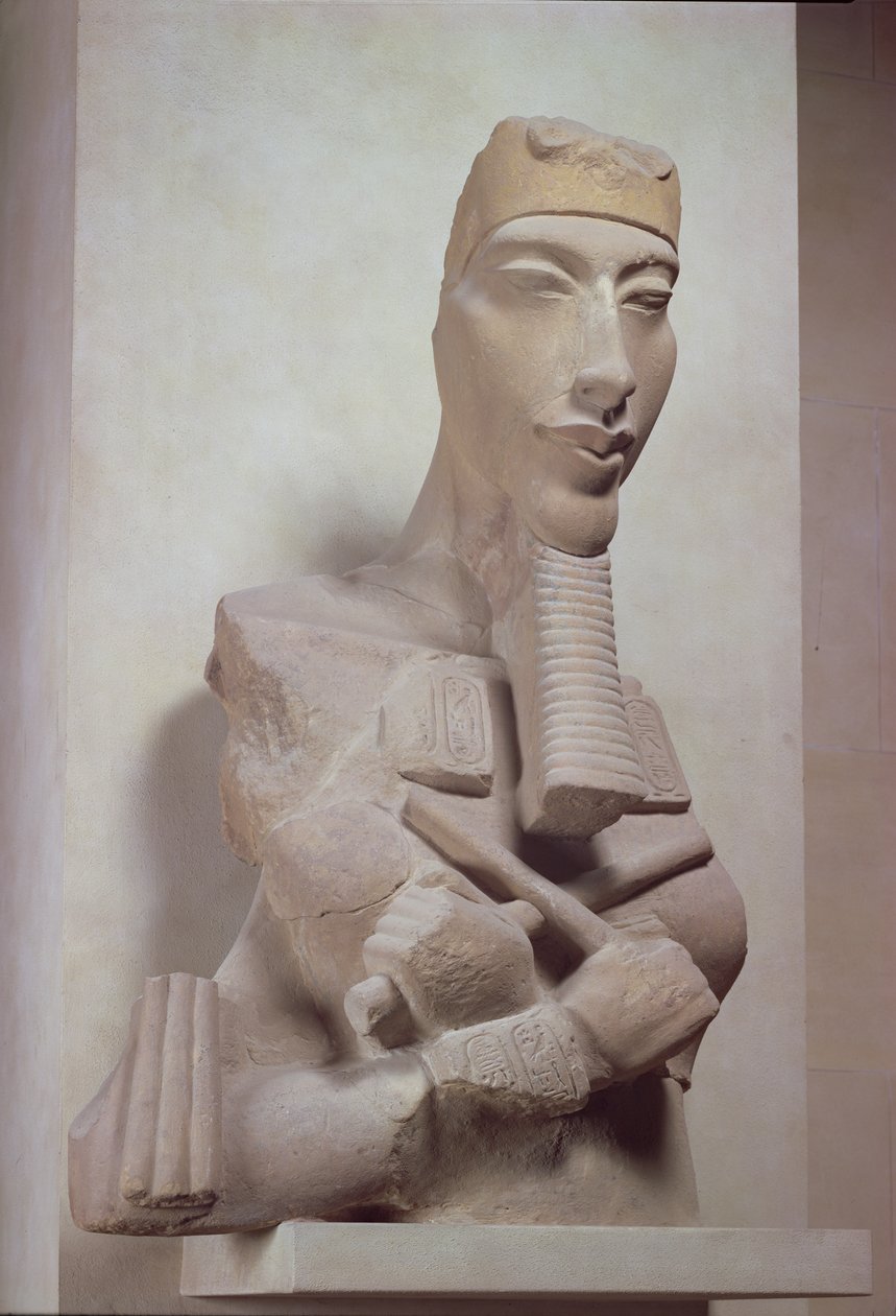 करनक, न्यू किंगडम, c.1350 ईसा पूर्व (टेराकोटा) में अमेनोफिस चतुर्थ के सूर्य मंदिर से अखेनातेन का ओसिरिड स्तंभ द्वारा मिस्र का 18वां राजवंश Dy