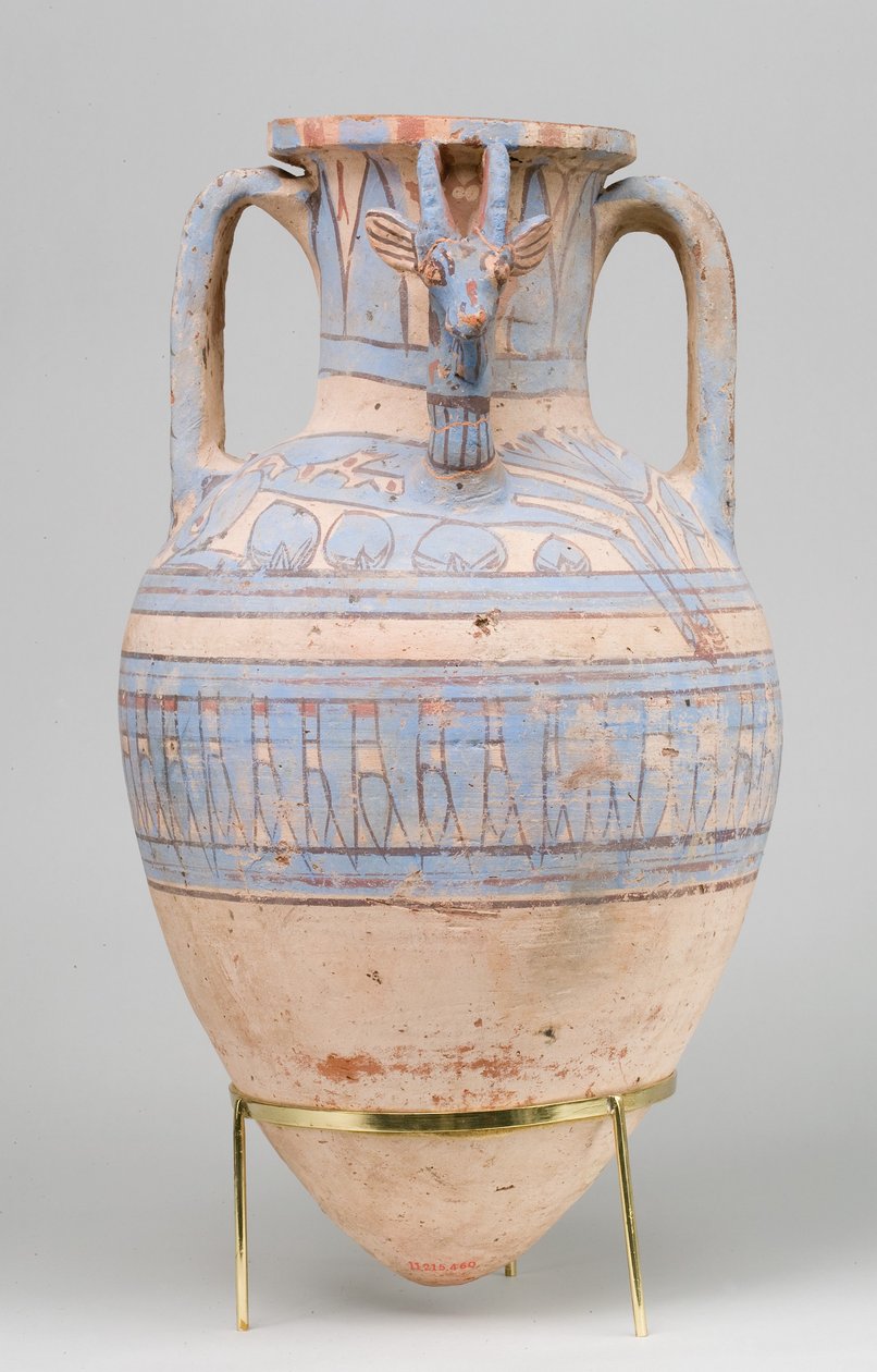 मलकटा से ब्लू-पेंटेड Ibex Amphora, c.1390–1353 BC (मिट्टी के बर्तन, सफेद क्रीम की पर्ची, पेंट) द्वारा मिस्र का 18वां राजवंश Dy