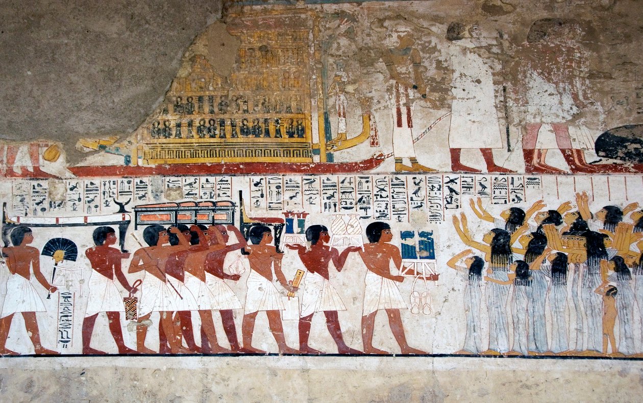 मिस्र का प्राचीन काल: "" प्रसाद के वाहक और रोने वाले""" विज़ीर रामोस (18 वें राजवंश) के मकबरे का फ्रेस्को। लक्सर, वेस्ट बैंक, रईसों की घाटी मिस्र - प्राचीन मिस्र: वाहक और शोक मनाने वालों की पेशकश। विज़ियर रामोस के मकबरे से फ़्रेस्क द्वारा मिस्र का 18वां राजवंश Dy