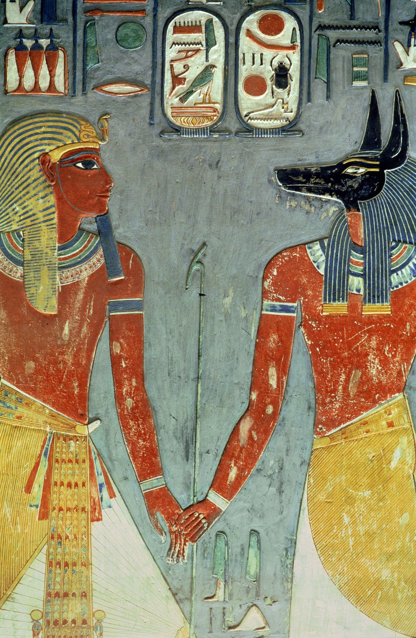 होरहेब और एनूबिस, हॉरहेब के मकबरे से (c.1323-1295 ईसा पूर्व) न्यू किंगडम (दीवार) द्वारा मिस्र का 18वां राजवंश Dy
