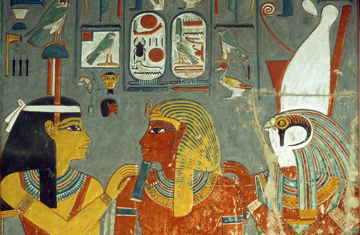 होरेस, होरहेब और हैथोर, होरहेब के मकबरे से (c.1323-1295 ईसा पूर्व) न्यू किंगडम (दीवार पेंटिंग) द्वारा मिस्र का 18वां राजवंश Dy