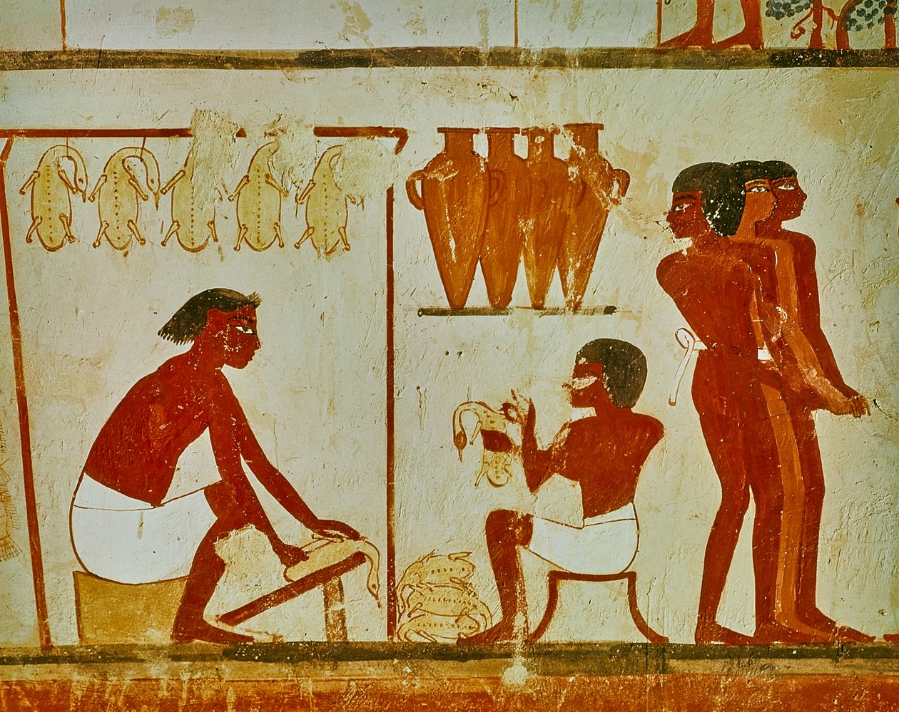 पक्षियों का मांस प्रसंस्करण, नख्त की कब्र से विस्तार, c.1390 ईसा पूर्व (दीवार पेंटिंग) द्वारा मिस्र का 18वां राजवंश Dy