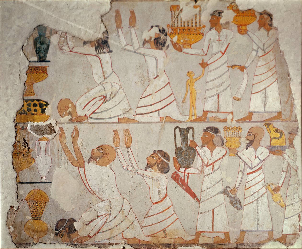 एशियाई श्रद्धांजलि देने वाले एक चित्रित मकबरे की दीवार का हिस्सा, c.1400 ईसा पूर्व (पत्थर पर चित्रित प्लास्टर) द्वारा मिस्र का 18वां राजवंश Dy