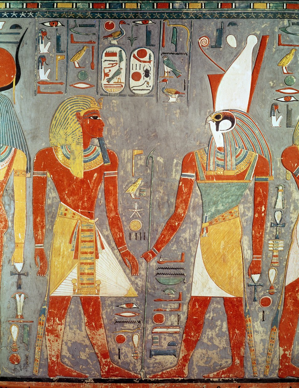 होरेस से पहले होरेमेब (c.1323-1295 ईसा पूर्व) का चित्रण, उनकी कब्र से, न्यू किंगडम (चित्रित अंग) द्वारा मिस्र का 18वां राजवंश Dy