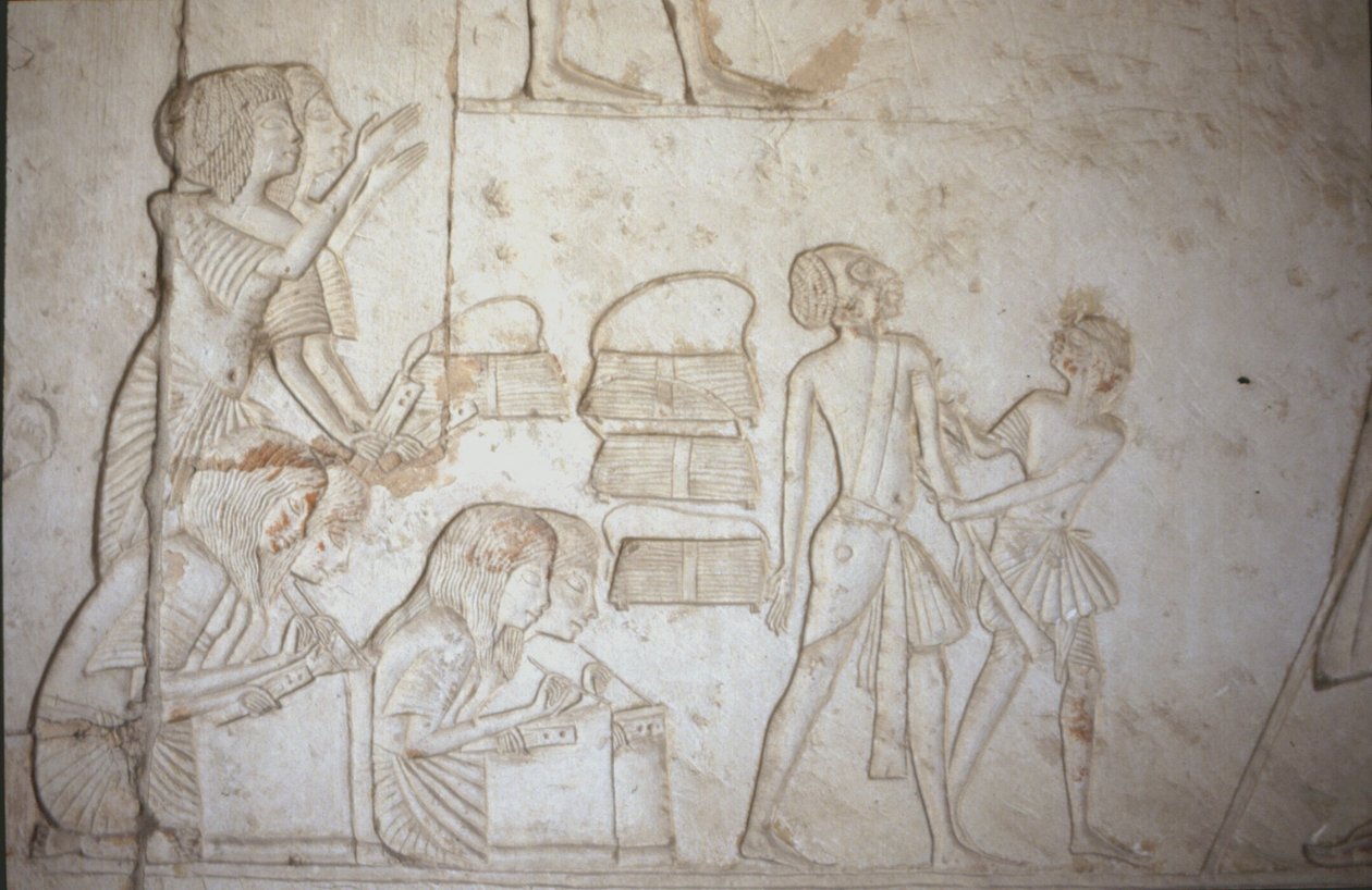 राहत कार्य में चित्रण, हॉरहेब के मकबरे से (c.1323-1295 ईसा पूर्व) न्यू किंगडम (दीवार पेंटिंग) (विस्तार के लिए 218337 देखें) द्वारा मिस्र का 18वां राजवंश Dy