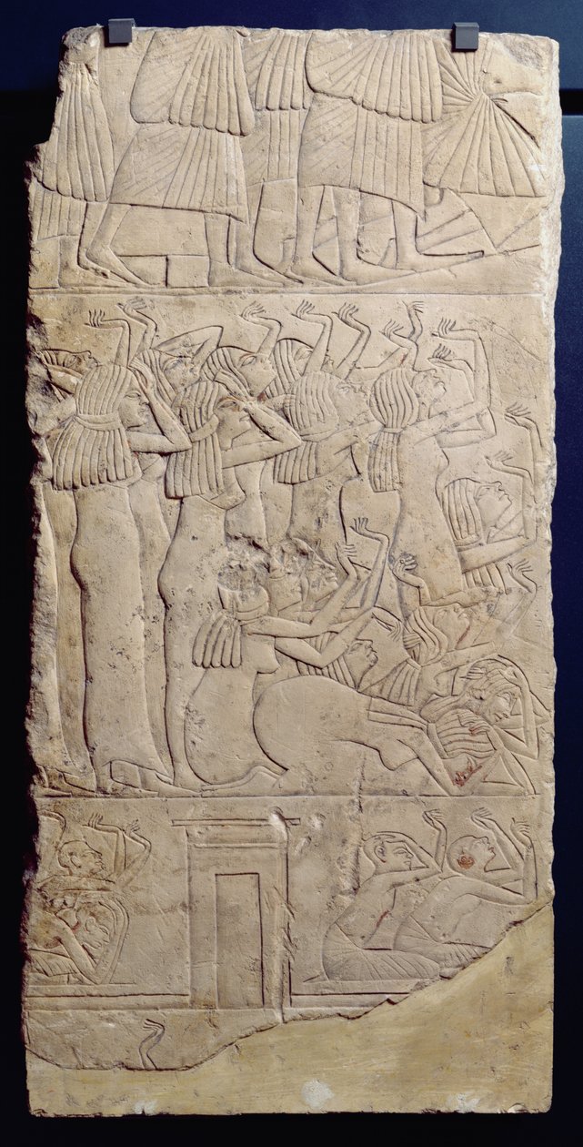 दफन के दौरान विलाप के दृश्य, सकारा, न्यू किंगडम से, c.1330 ईसा पूर्व (चूना पत्थर) द्वारा मिस्र का 18वां राजवंश Dy