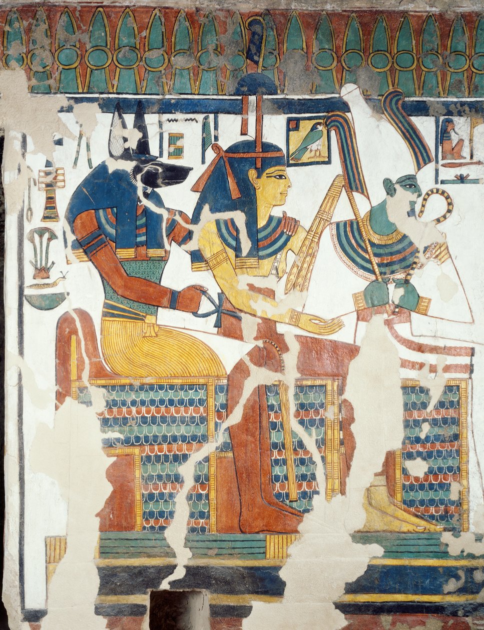 Anubis, ओसीरिस और Nefertari, Nefertari के मकबरे के दूसरे कक्ष से, विवरण (भित्तिचित्र) द्वारा मिस्र का 19 वां राजवंश