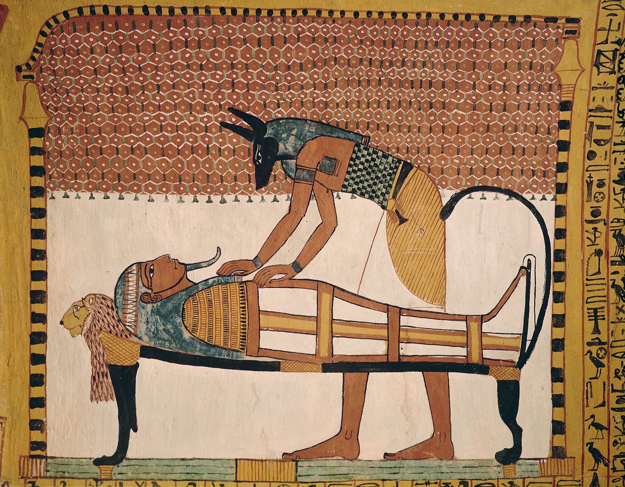 Anubis Sennedjems मम्मी में शामिल हैं, Sennedjem के मकबरे से, वर्कर्स विलेज, न्यू किंगडम (भित्ति) (67892 भी देखें) द्वारा मिस्र का 19 वां राजवंश