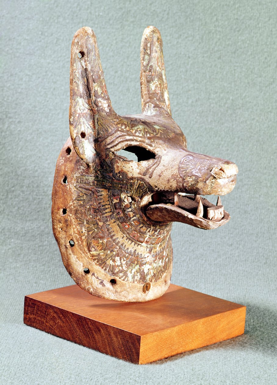 Anubis के प्रमुख, एक हिंग वाले जबड़े के साथ, एक नकाब मास्क के रूप में इस्तेमाल किया जाता है, न्यू किंगडम (चित्रित लकड़ी) द्वारा मिस्र का 19 वां राजवंश