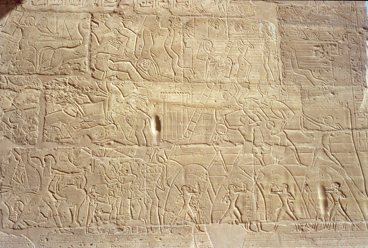 ग्रेट हाईपोस्टाइल हॉल, न्यू किंगडम, C.1297-1185 ई.पू. से मिस्र के सैनिकों को राहत देते हुए दापुर के हित्ती शहर में तूफान द्वारा मिस्र का 19 वां राजवंश