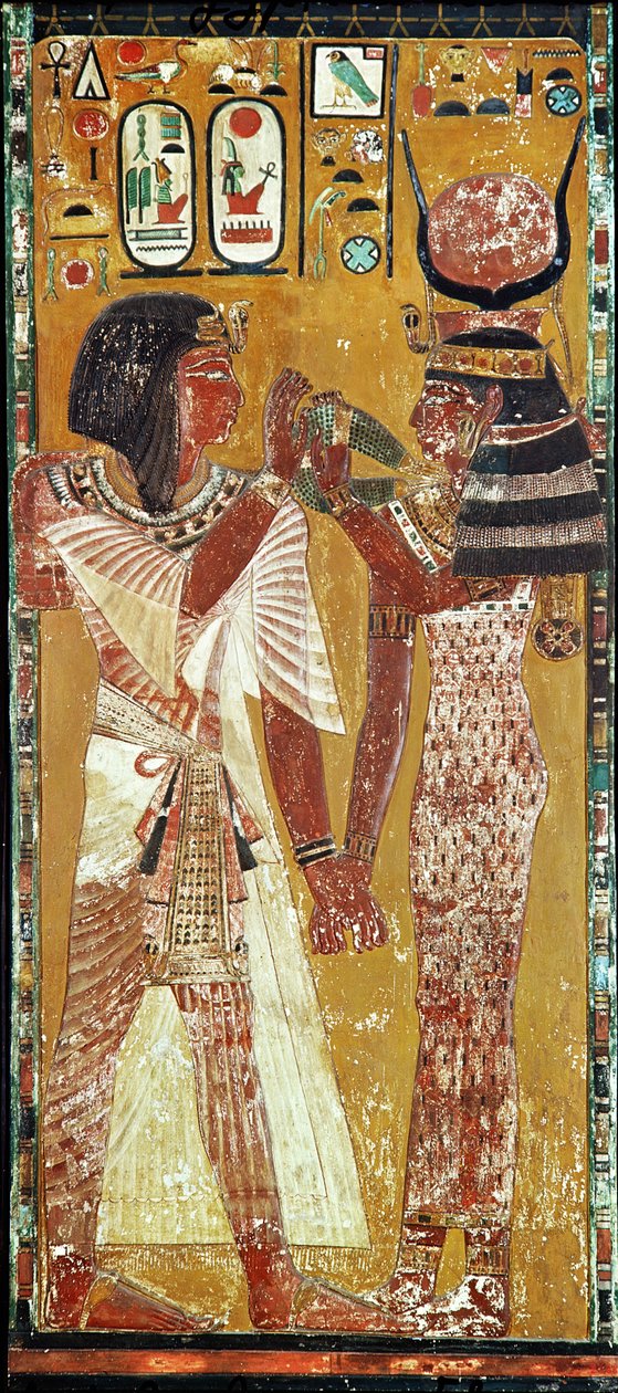 सेठी I (c.1394-1279 ई.पू.) न्यू किंगडम (चित्रित चूना पत्थर) पर देवी हठोर का चित्रण करते हुए देवी का चित्रण द्वारा मिस्र का 19 वां राजवंश