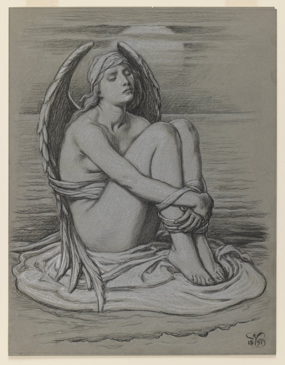 बाउंड एंजल, 1891 (बुना कागज पर काले और सफेद चाक या क्रेयॉन) द्वारा एलीहु वेडर