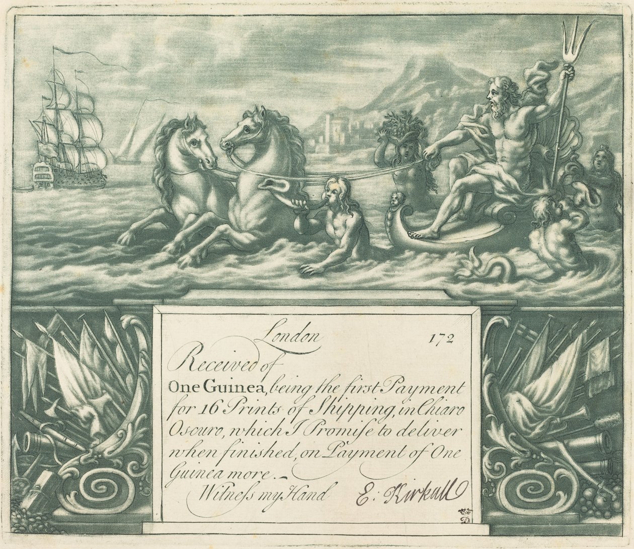 सदस्यता रसीद, 1720s। द्वारा एलीशा किर्कल