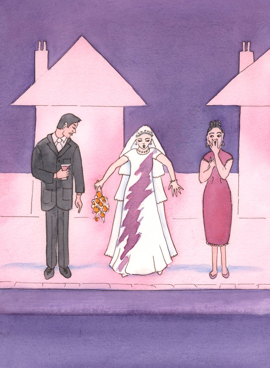 एक दुल्हन अपनी पोशाक पर एक दाग देखकर भयभीत है, और हमें गंभीर पाप के माध्यम से, हमारी आत्माओं पर &39;दाग&39; होने से भी बचना चाहिए, क्योंकि हम पवित्र भोज, 2003 (कागज पर w - c) प्राप्त करने के लिए ऊपर जाते हैं। द्वारा एलिजाबेथ वांगो