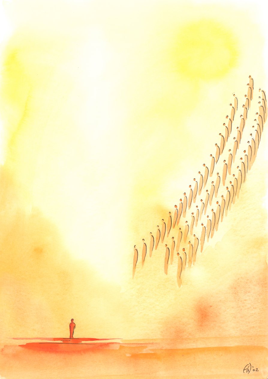 हर बार जब हम "पवित्र, पवित्र, पवित्र भगवान" की प्रार्थना करते हैं तो हम संतों और स्वर्गदूतों के साथ अपनी आवाज़ें जोड़ते हैं, जो स्वर्ग, 2003 में समान प्रशंसा प्रदान करते हैं (कागज पर w - c) द्वारा एलिजाबेथ वांगो