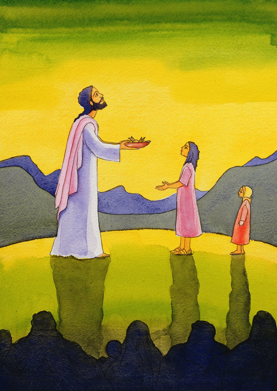यीशु मसीह ने रोटियों और मछलियों का चमत्कार, 2004 (कागज पर w - c) किया द्वारा एलिजाबेथ वांगो