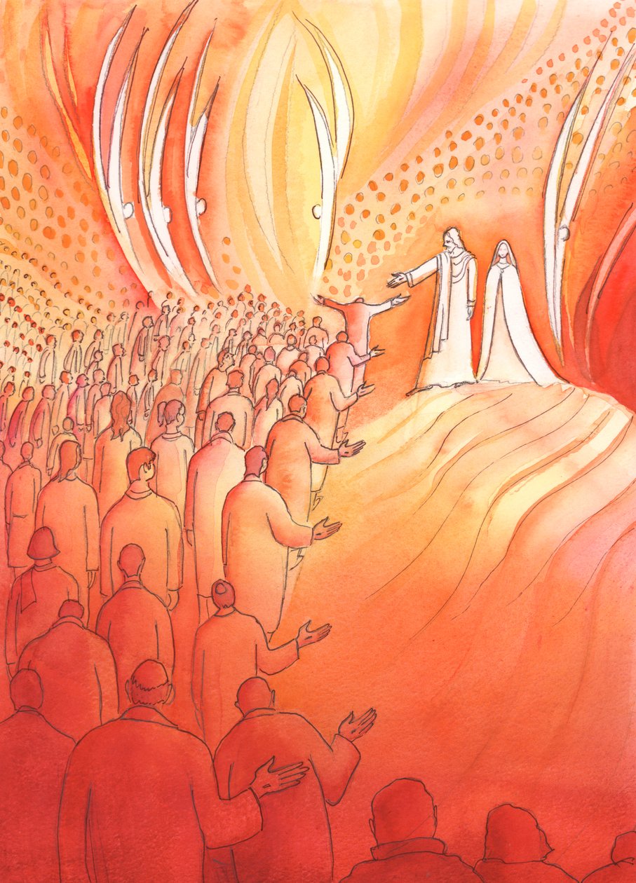 यीशु ने अपनी माँ मरियम और पवित्र स्वर्गदूतों के साथ स्वर्ग के द्वार पर इंतजार किया, 2000 (कागज पर w - c) द्वारा एलिजाबेथ वांगो
