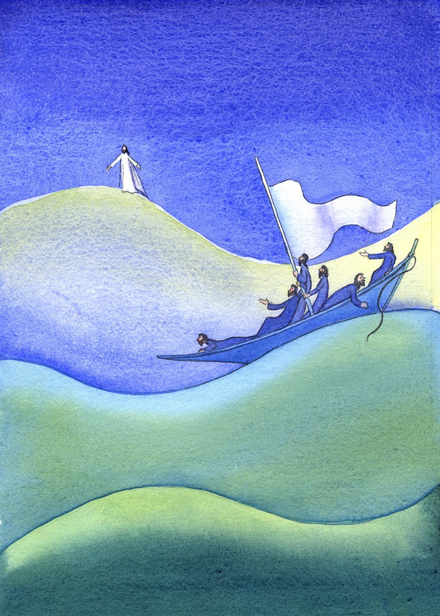 यीशु पानी पर चलता है, 2001 (कागज पर w - c) द्वारा एलिजाबेथ वांगो