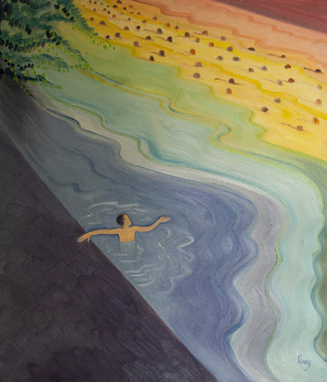 जो बपतिस्मा लेता है, वह अभी तक कैथोलिक चर्च के साथ &39;फुल कम्यूनियन&39; में नहीं है, किसी ऐसे व्यक्ति की तरह है जो उथले में रहता है, पूरी तरह से गहराई में नहीं तैरता है, 2001 (बोर्ड पर तेल) द्वारा एलिजाबेथ वांगो