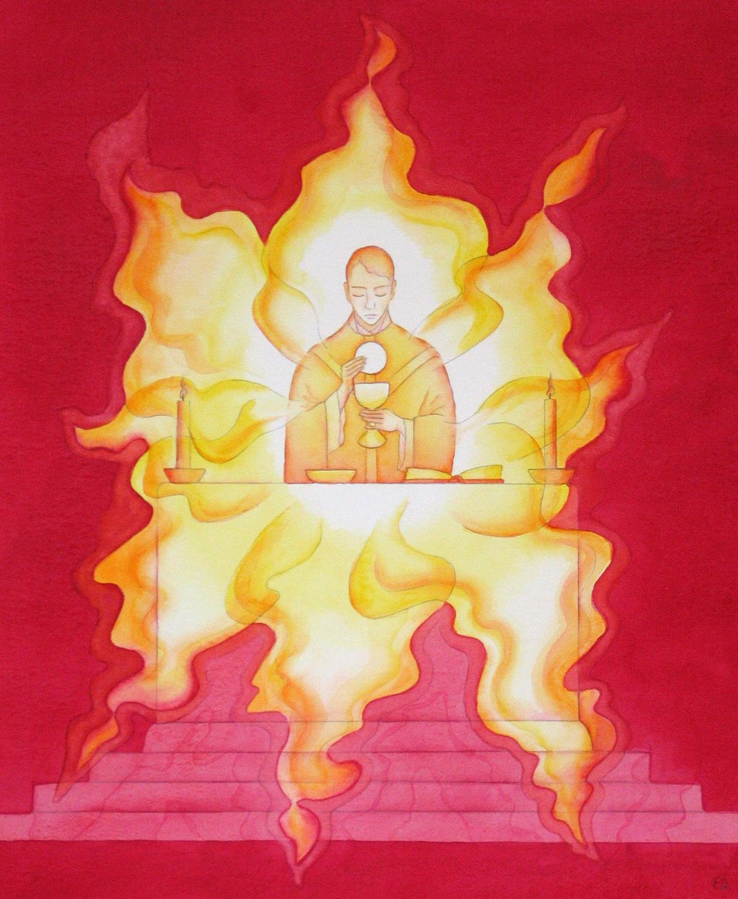 यूचरिस्ट में यीशु की उपस्थिति महिमा की एक आग की तरह है, 2001 (कागज पर w - c) द्वारा एलिजाबेथ वांगो