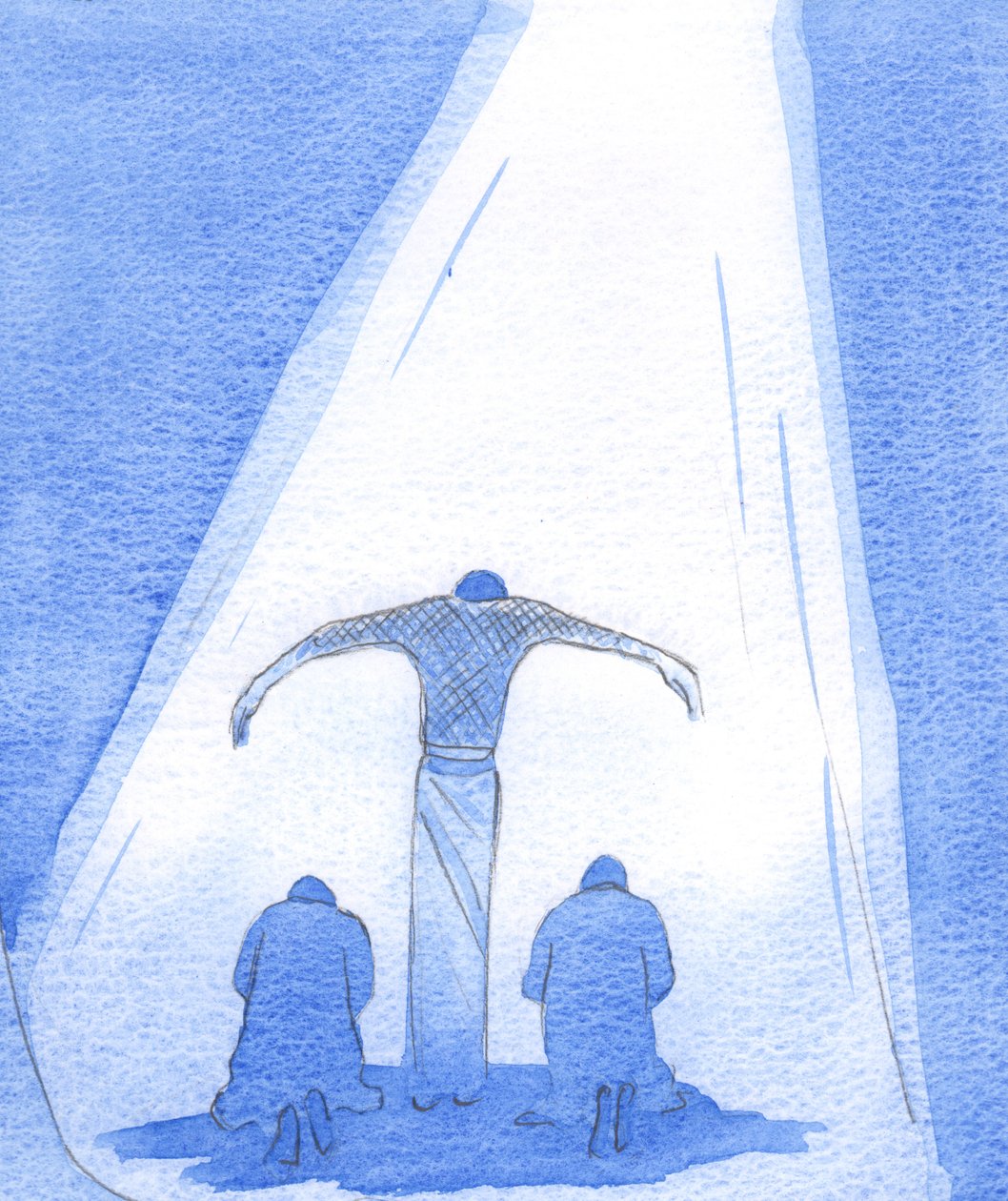 पीड़ित उद्धारकर्ता, पछतावे वाले हथियारों के साथ पश्चाताप करने वाले लोगों को आश्रय देता है; और पिता स्वर्ग से अपने बेटे को प्यार से देखता है, 2002 (w - c कागज पर) द्वारा एलिजाबेथ वांगो