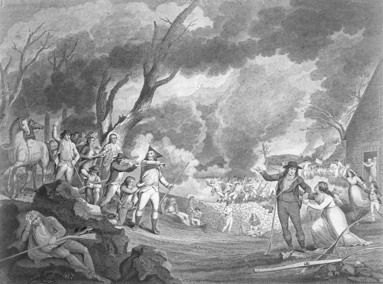 लेक्सिंगटन की लड़ाई, अप्रैल 1917 1775, कॉर्नेलियस टाईबाउट (c.1773-1832) द्वारा उत्कीर्ण द्वारा एलकाना टिस्डेल