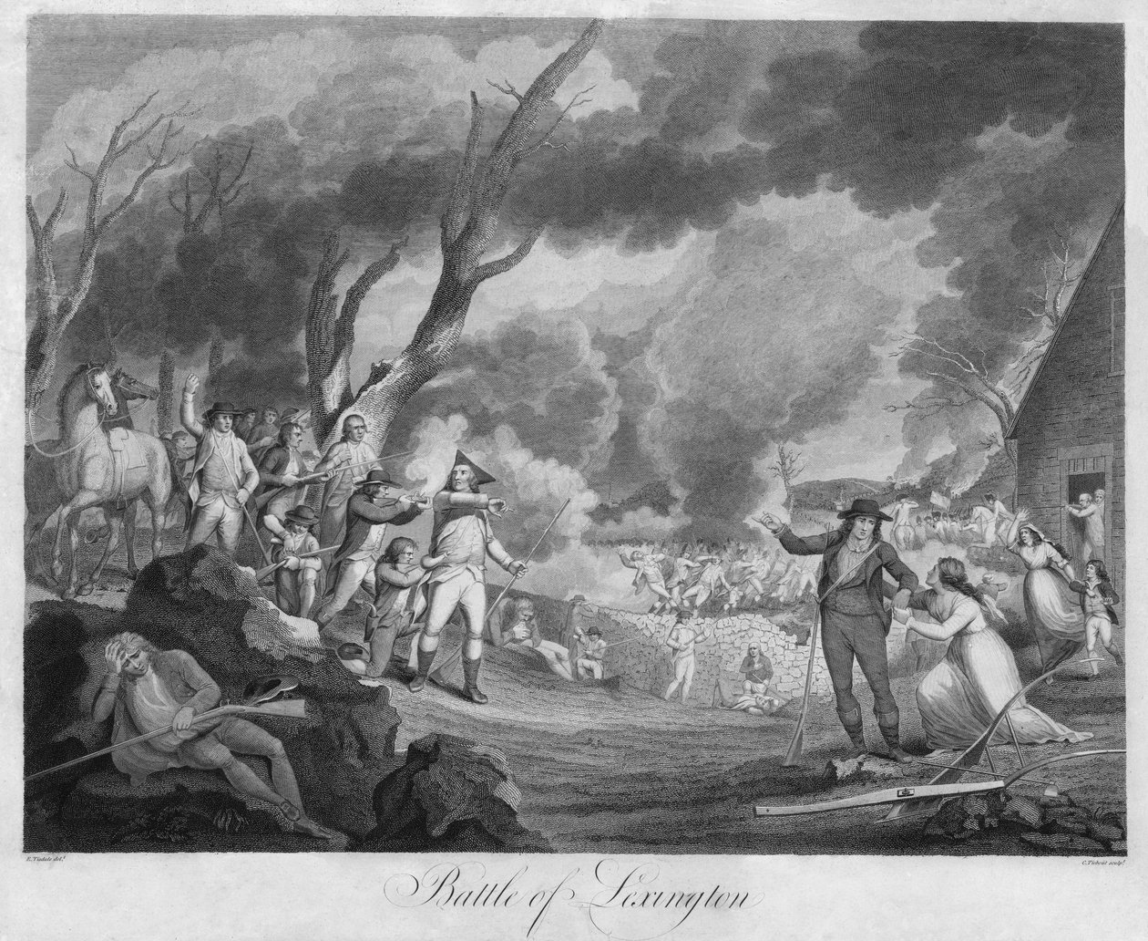 लेक्सिंगटन की लड़ाई, कॉर्नेलियस टाईबाउट (1768-1835) द्वारा उकेरी गई (उत्कीर्णन) द्वारा एलकाना (बाद) टिस्डेल