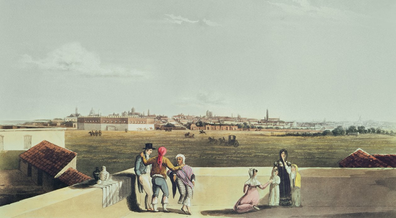 ब्यूनस आयर्स और मोंटेवीडियो, 1820 के सुरम्य चित्र से प्लाजा डेल टोरोस से ब्यूनस आयर्स का सामान्य दृश्य द्वारा विडाल के बाद एमरिक एसेक्स