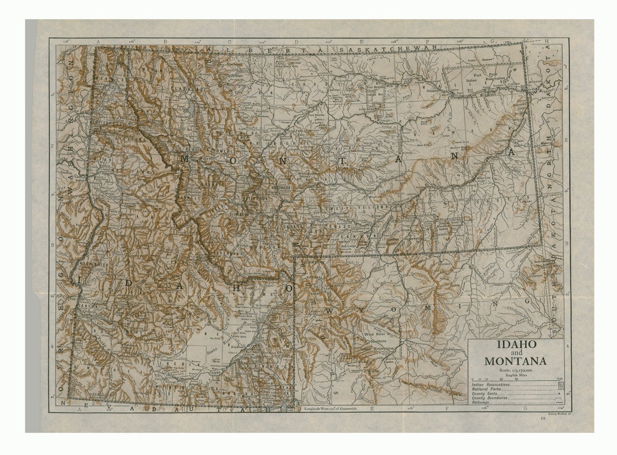 इडाहो और मोंटाना का नक्शा, संयुक्त राज्य अमेरिका, c1910s। द्वारा एमरी वॉकर