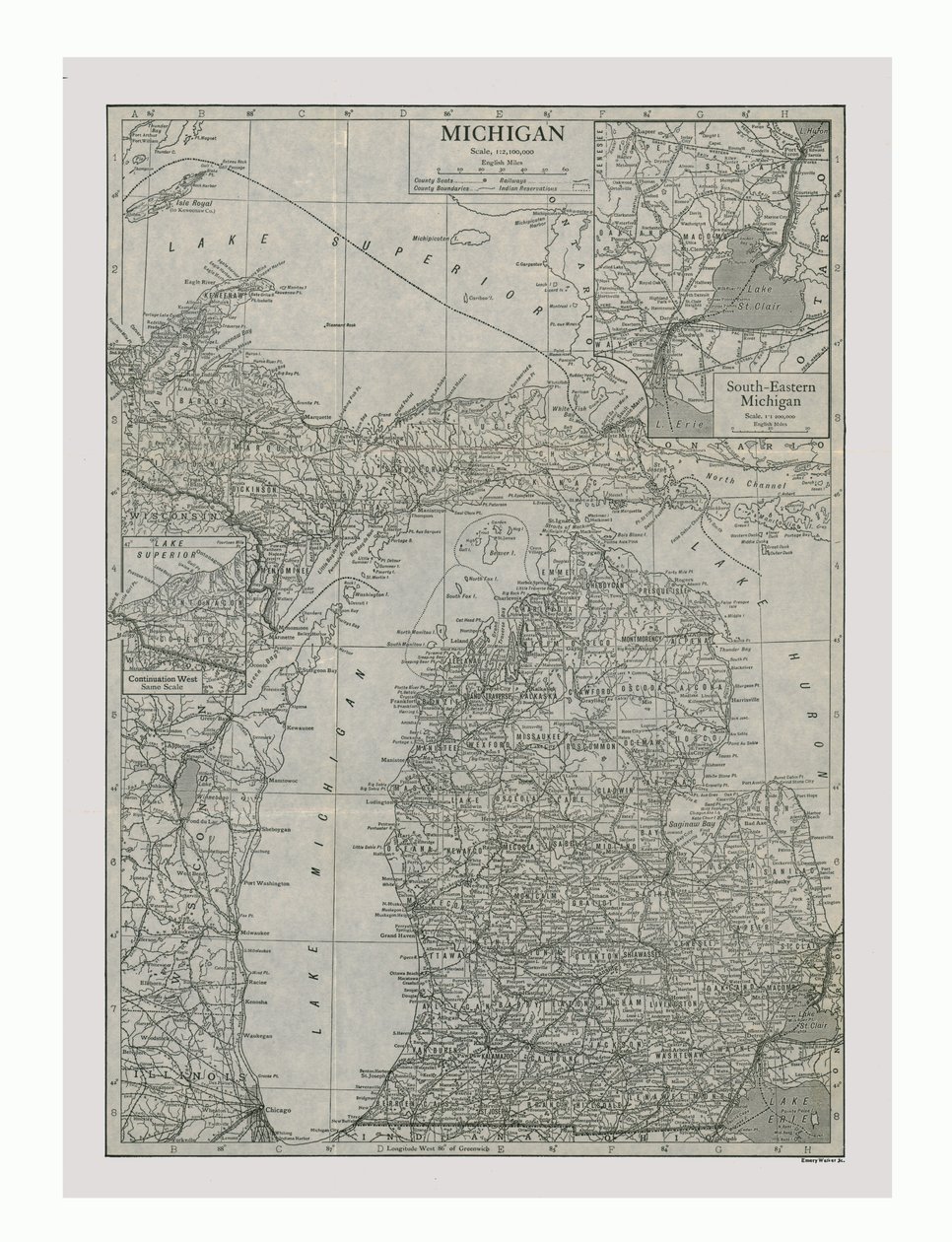 मिशिगन का नक्शा, संयुक्त राज्य अमेरिका, c1900। द्वारा एमरी वॉकर