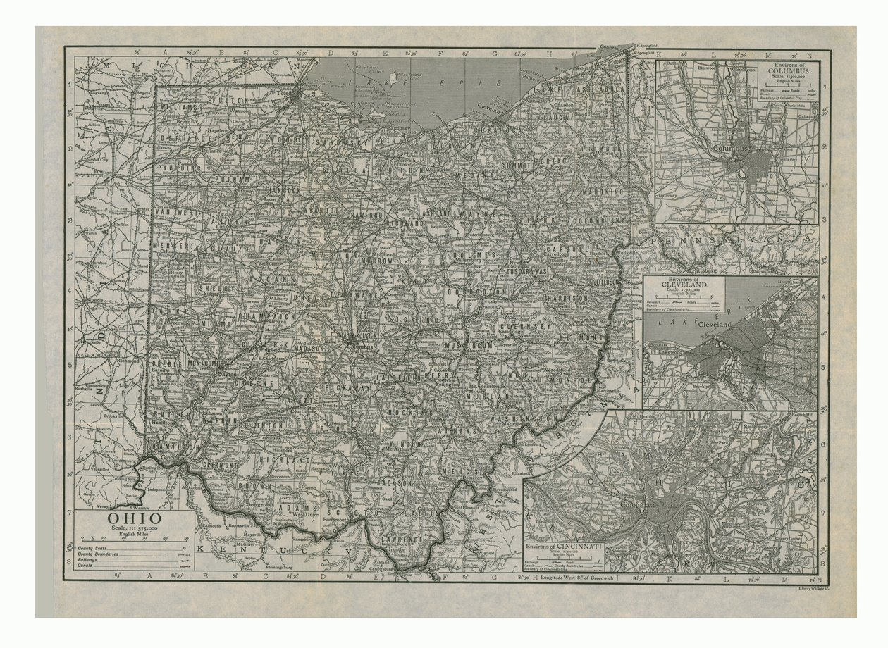 ओहियो, संयुक्त राज्य अमेरिका का नक्शा, c1910s। द्वारा एमरी वॉकर