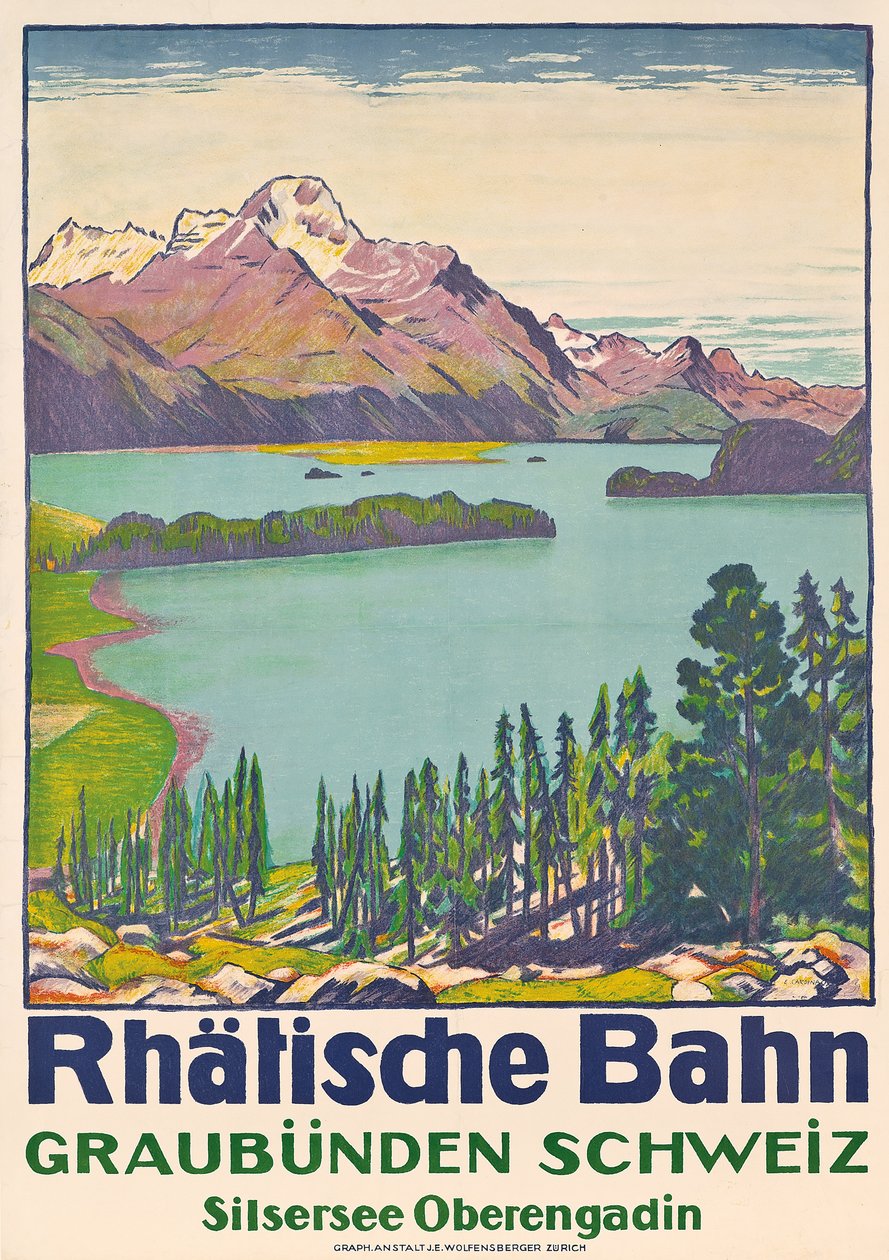 स्विस कंपनी &39;रेटियन रेलवे&39; द्वारा ग्रुबुन्डेन के लिए पोस्टर विज्ञापन यात्रा द्वारा एमिल कार्डिनाक्स