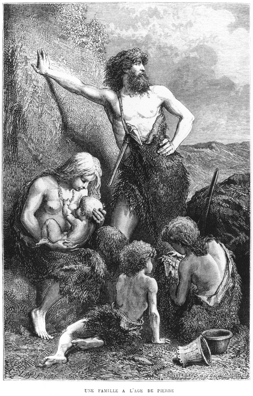 पाषाण काल में एक परिवार, लुईस फ्युएटर द्वारा &39;एल&39;हॉमे प्रिमिटिफ&39; का चित्रण (1819-94) हैचेट द्वारा प्रकाशित, चार्ल्स लाप्लंटे (d.1903) 1870 द्वारा उत्कीर्ण द्वारा एमिल एंटोनी बेयर्ड