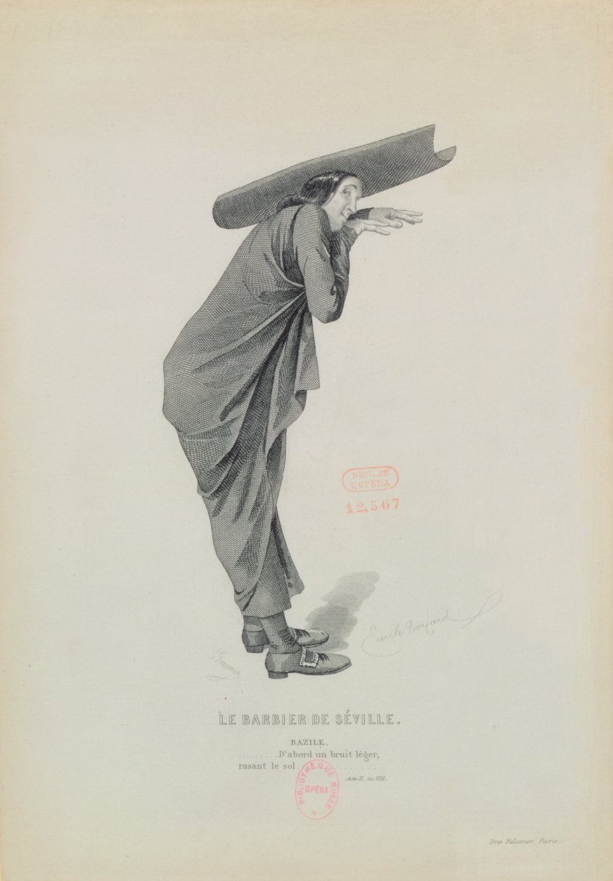 Bazile, ओपेरा &39;ले बारबियर डे सेविले&39; से, गियोचिनो रोसिनी द्वारा (1792-1868) यूजीन ग्रेविस द्वारा उत्कीर्ण द्वारा एमिल एंटोनी बेयर्ड