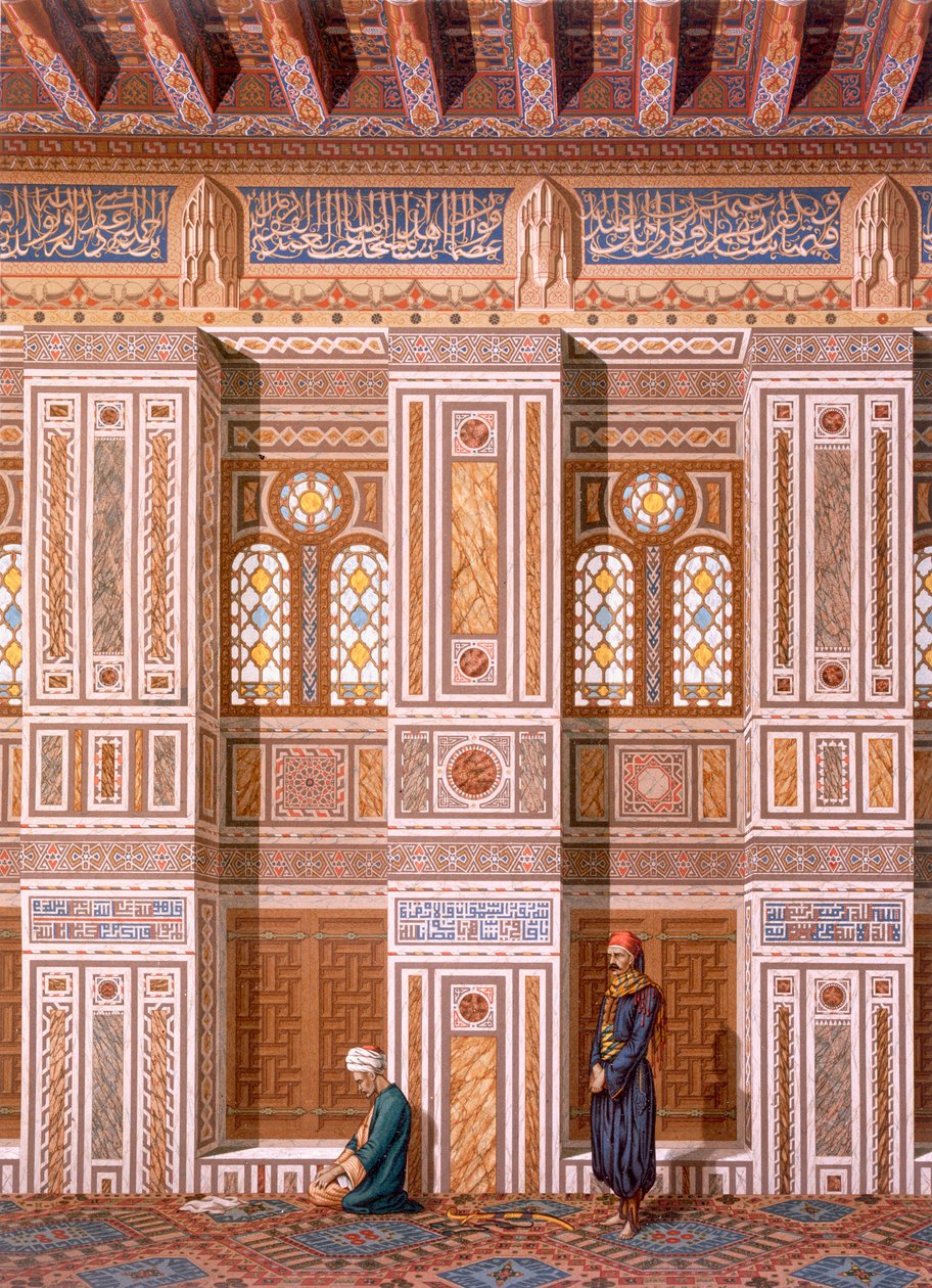 काहिरा: क़ैतबे की मस्जिद का आंतरिक भाग; श्रद्धालु 19 वीं शताब्दी के मिहराब c15th की दीवार पर प्रार्थना करते हैं (क्रोमोलिथो) द्वारा एमिल प्रिसे डी'वेनस