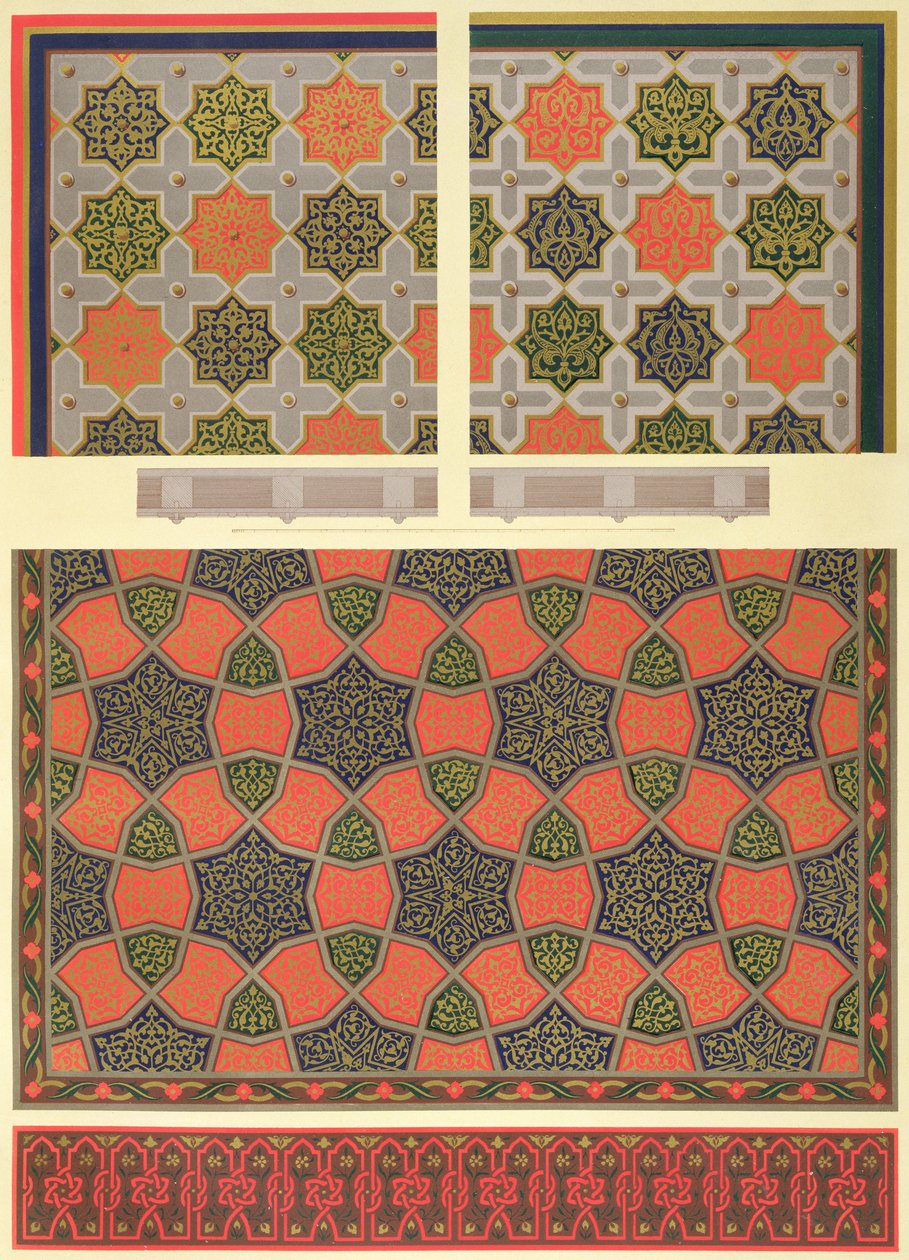 बेयट एल-टचेब्यूर के घर से छत की सजावट, &39;अरब कला के रूप में सीन के माध्यम से काहिरा के स्मारक से 7 वीं शताब्दी के अंत तक 18 वीं शताब्दी के अंत तक&39;, लेमोइन और श्मिट, पब द्वारा उत्कीर्ण द्वारा एमिल प्रिसे डी'वेनस