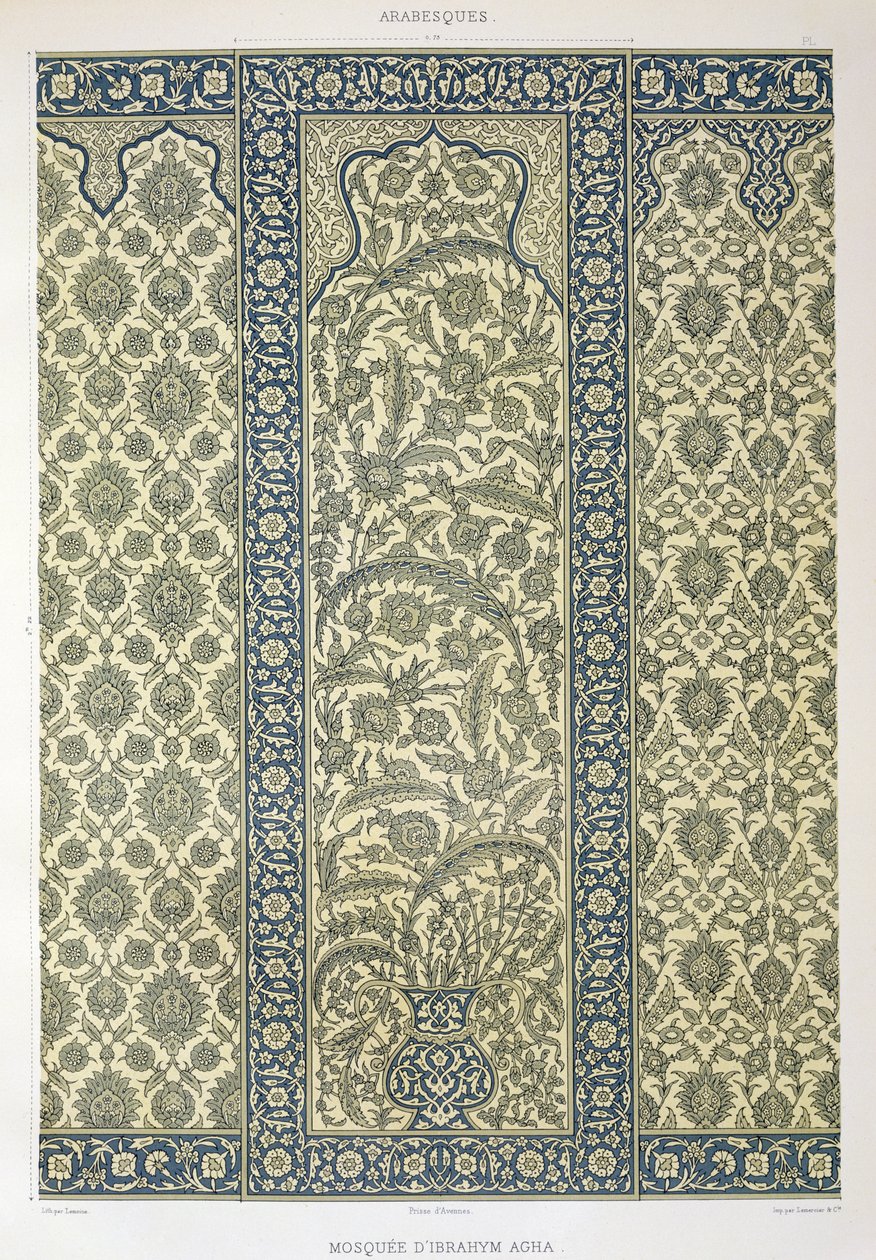 इब्राहिम आगा की मस्जिद से टाइल वाला पैनल, &39;7 वीं शताब्दी से 18 वीं शताब्दी के अंत तक काहिरा के स्मारक के रूप में अरब कला के रूप में&39;, लीनोइन द्वारा उत्कीर्ण, 1877 में प्रकाशित द्वारा एमिल प्रिसे डी'वेनस