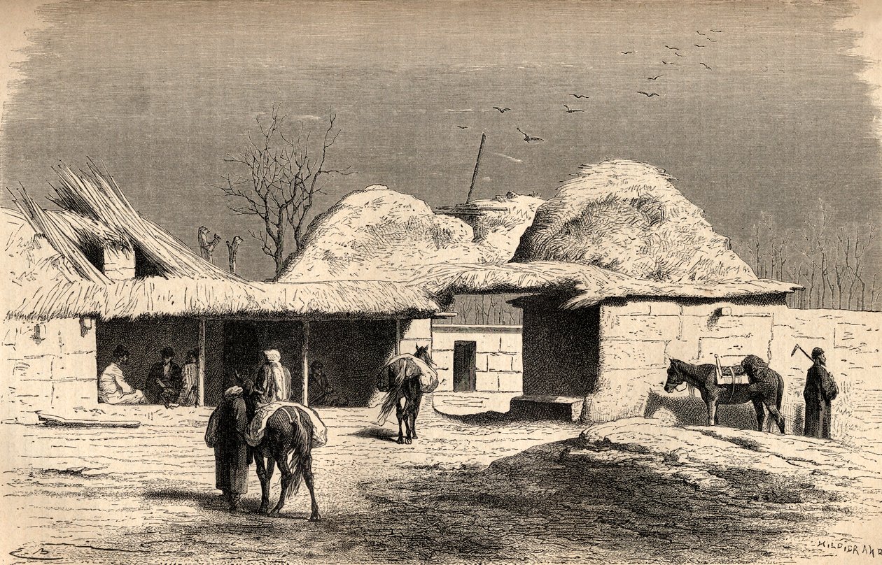 ताशकंद, उज्बेकिस्तान में एक कारवांसेरई, &39;द वर्ल्ड इन द हैंड्स&39; से चित्रण, चार्ल्स लाप्लांटे द्वारा उत्कीर्ण (d.1903), 1878 (उत्कीर्णन) द्वारा एमिल एंटोनी बेयर्ड