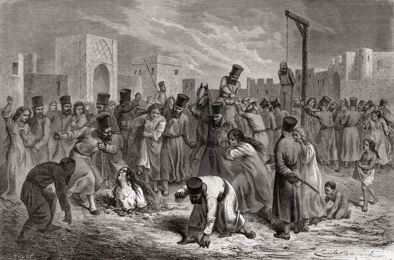 तुर्की में व्यभिचारियों को पत्थर मारकर लटका दिया गया, &39;द वर्ल्ड इन द हैंड्स&39; का चित्रण, 1878 में प्रकाशित हुआयोट द्वारा उकेरा गया द्वारा एमिल एंटोनी बेयर्ड