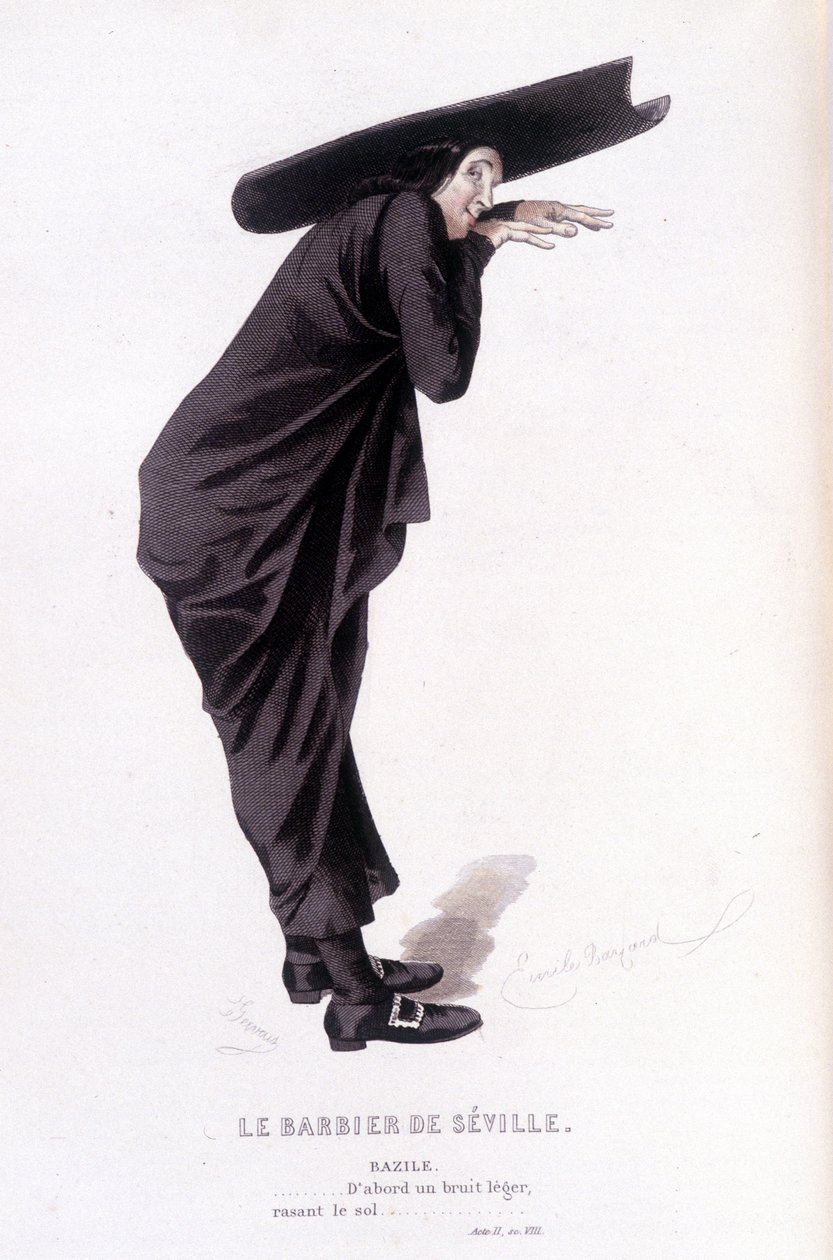 एडौर्ड फोरनियर द्वारा ब्यूमर्चैस (1732-1799) द्वारा पूर्ण कार्य। एमिल बायर्ड द्वारा ड्राइंग। ईडी। लाप्लास, सांचेज़ एट सी, पेरिस 1876। यह "द बार्बर ऑफ सेविले" में बाज़ाइल है द्वारा एमिल एंटोनी बेयर्ड