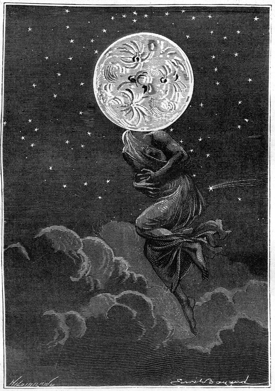 जूल्स वर्ने की किताब अराउंड द मून (हेट्ज़ेल संस्करण/वॉयेज एक्स्ट्राऑर्डिनेयर 1870) की उत्कीर्णन (एमिल बायर्ड द्वारा): "" चंद्रमा एक युवा महिला के शरीर के साथ व्यक्त किया गया ... एक शूल से पीड़ित! "" द्वारा एमिल एंटोनी बेयर्ड